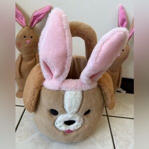 Easter Plush Basket Dog with Pink Ears and Two Bunnies Set